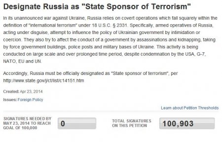 Петиция о признании РФ "спонсором терроризма" набрала необходимые 100 тыс. подписей на сайте Белого дом
