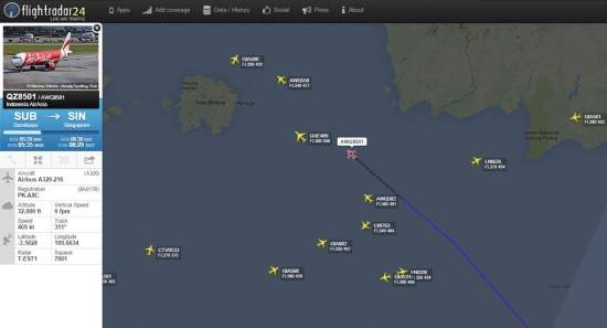 Flightradar24 опубликовал снимок положения лайнера AirAsia в момент потери с ним контакта