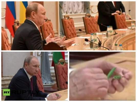 По стопам Януковича: Путин сломал ручку на переговорах в Минске (фото)