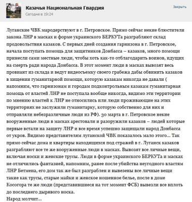 «Казаки» обвинили «народную милицию ЛНР» в мародерстве