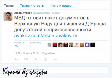 В МВД не знают,не каким образом ложная информация о подготовке снятия неприкосновенности с Яроша попала на сайт Авакова (ФОТО)