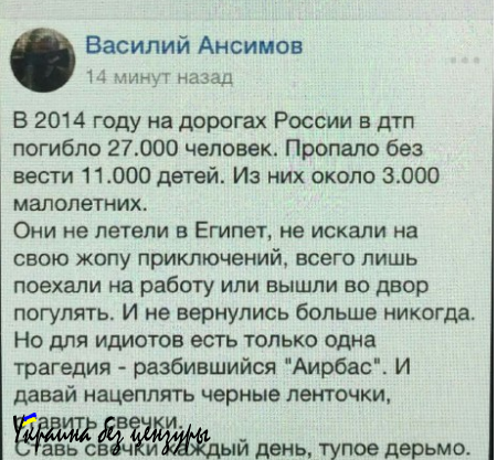 Чиновник из Петербурга назвал скорбящих по жертвам А321 «тупым дерьмом» (ФОТО)