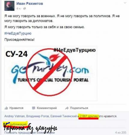 В социальных сетях набирает популярность хештег #НеЕдувТурцию, запущенный «Русской Весной» (ФОТО)